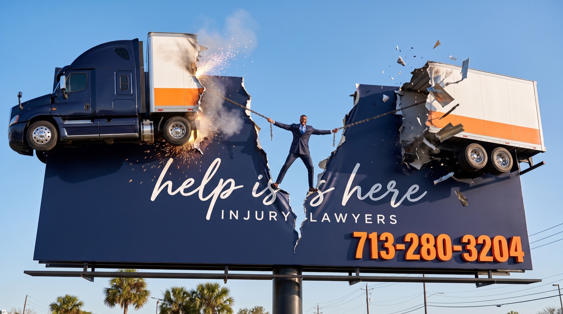 Help Is Here billboard creative: George tearing an eighteen-wheeler in two through the torn billboard, chains in hand, sparks flying